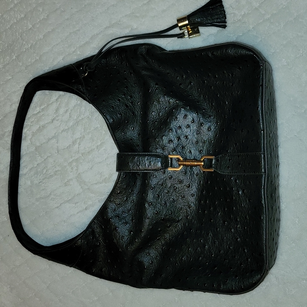 GILI Hobo Style Handbag Black Leather Ostrich Embossed Shoulder Bag Purse